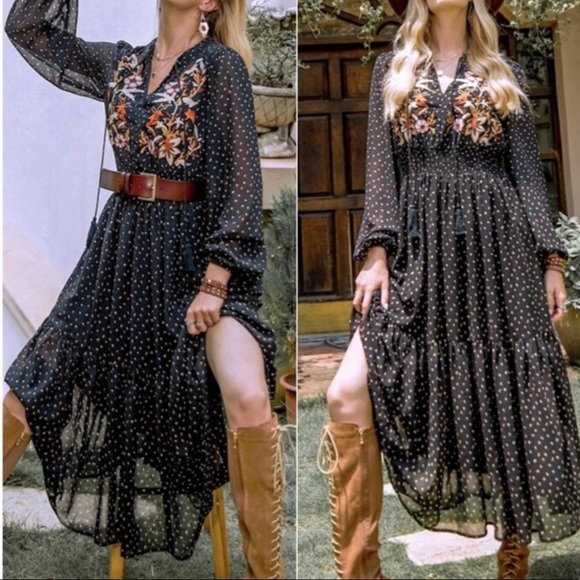 Boho black floral print embroidered polka dot long sleeve dress - Picture 1 of 6